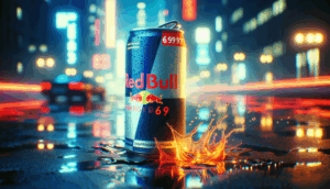 alt_text: "Fictional 'redbull69' energy drink can on wet asphalt, neon city background, dynamic splash effect."