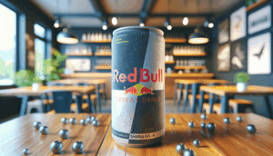 alt_text: A photorealistic can of "redbull69" with condensation, set in a modern café, inviting and detailed.