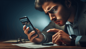 alt_text: Investigative cover image showing a concerned young adult examining a smartphone with financial data.