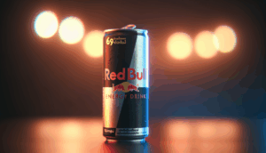 alt_text: Sleek 'redbull69' energy drink can on dark surface, warm & cool lighting, bold Thai text, soft bokeh.