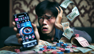 alt_text: A worried young Thai individual shows a betting app on their phone amid scattered banknotes.
