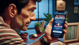 A smartphone displays a fictional "redbull69" site, questioning free credits, with a skeptical Thai adult nearby.