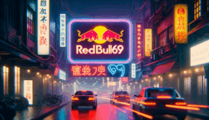 alt_text: Photorealistic urban scene with neon "redbull69 ทางเข้า" sign, showcasing energy drink aesthetics.
