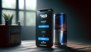 alt_text: Photorealistic cover of a 'redbull69' can beside a smartphone showing Thai login screen, moody.