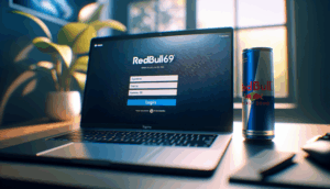 alt_text: Close-up of a laptop login screen, username 'redbull69', stylish workspace with energy drink.