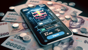A smartphone displaying a modern deposit UI for "redbull69 ฝากเงิน," surrounded by Thai baht notes.