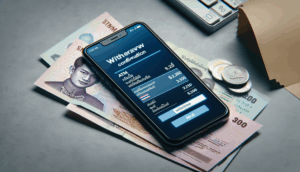 alt_text: A smartphone displaying a withdrawal confirmation amidst Thai banknotes and an ATM receipt.