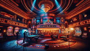 Cinematic images of a luxurious casino, featuring vibrant neon styles and vintage themes, titled "redbull69 คาสิโน."