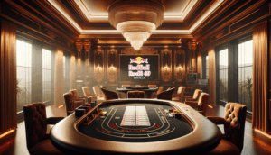 A luxurious baccarat table in a VIP room with the 'redbull69' logo, cards, and cinematic lighting.