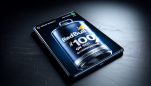 alt_text: Stylish smartphone on dark table, showcasing 'redbull69' giveaway: 'แจกเครดิตฟรี 100 ไม่ต้องฝาก'.