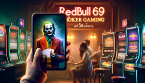 alt_text: Cinematic cover for "Redbull69 Joker Gaming" with Thai subtitle, featuring a joker and slot machine.