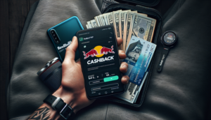 alt_text: Promotional cover with a hand holding banknotes and smartphone, showcasing "Redbull69 Cashback".
