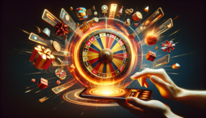 alt_text: "Realistic cover featuring a spinning golden-red wheel of fortune, smartphone interaction, bursting prizes."