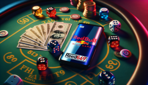 alt_text: "Vibrant Thai hi-lo game scene with dice, money, and a smartphone showcasing 'Redbull69' headline."