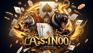 Photorealistic casino cover with a card, a dragon and tiger, and golden Thai typography, dynamic drama.