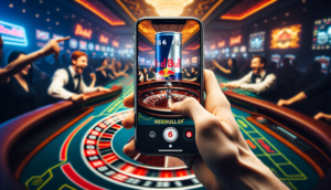 alt_text: รูปภาพปกคาสิโนสด "Redbull69" มีโต๊ะรูเล็ตหมุน, มือชี้สมาร์ทโฟนถ่ายทอดสด.