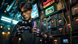 alt_text: นักเล่นเกมไทยกำลังถือคอนโทรลเลอร์สุดล้ำและกระป๋อง 'Redbull69' ในฉากไซเบอร์พังค์.