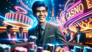Cinematic cover for a live casino game show featuring a charismatic Thai host amidst neon lights.