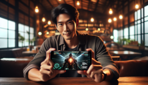 Alt_text: Confident adult Asian gamer at a cafe, holding a smartphone with a dynamic game UI, warm lighting.