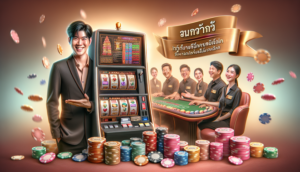 alt_text: Cover for casino course, modern slot machine, friendly Thai instructor, poker chips, warm tones.