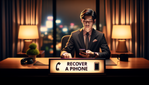 Confident Thai individual at a modern desk, showcasing phone recovery steps with warm lighting.